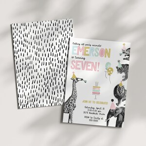 May include: A birthday party invitation with a jungle animal theme. The invitation is white with black polka dots and features a giraffe, lion, elephant, and leopard. The text on the invitation reads "Calling all party animals! Emerson is turning SEVEN! Join us to celebrate! Saturday, April 15, 3:00-5:00pm, 3578 Parkside Drive, RSVP to Emily at 555-5555."