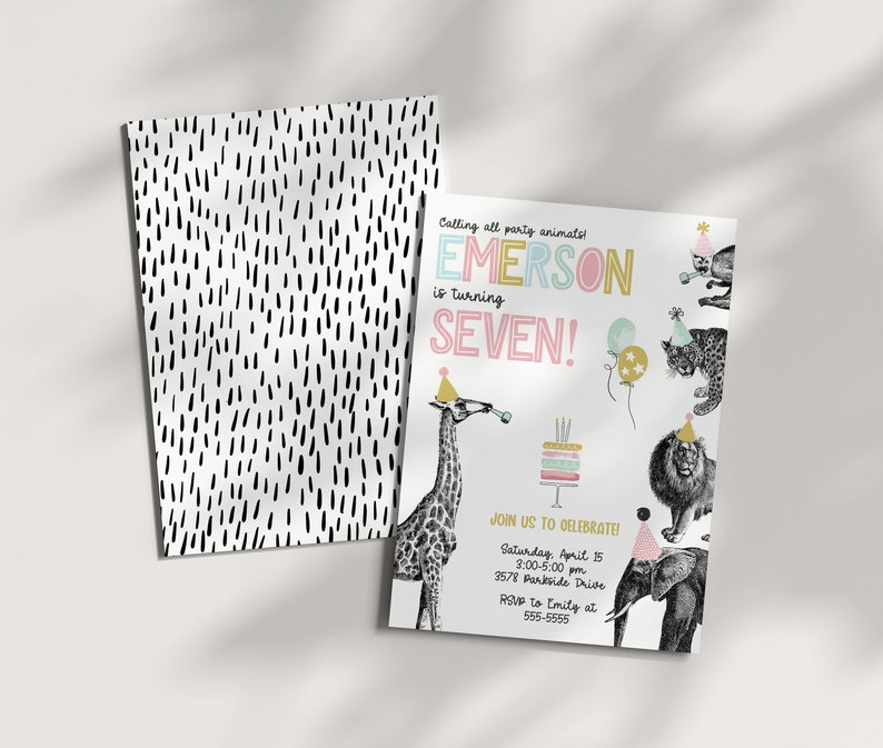 May include: A birthday party invitation with a jungle animal theme. The invitation is white with black polka dots and features a giraffe, lion, elephant, and leopard. The text on the invitation reads "Calling all party animals! Emerson is turning SEVEN! Join us to celebrate! Saturday, April 15, 3:00-5:00pm, 3578 Parkside Drive, RSVP to Emily at 555-5555."