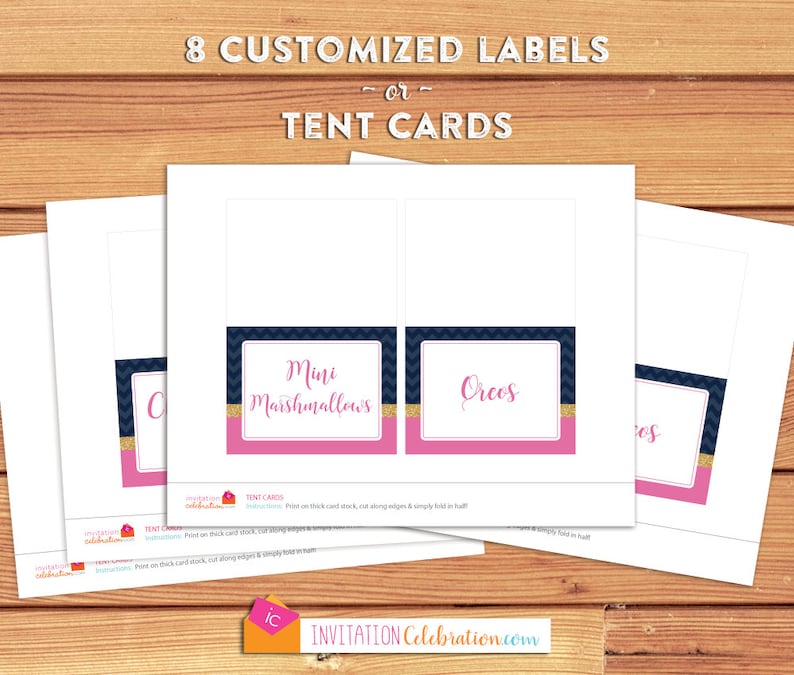 Food Label Tent Cards 8 itemscards Navy Blue Chevron PRINTABLEDIGITAL Choose Folded Tent or Flat Label Pink Glitter Gold