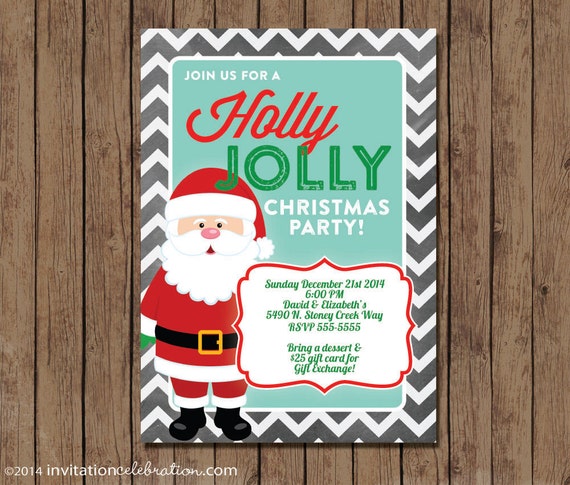 Santa Christmas Party Invitation - Holly Jolly - Choose Digital or Printed with Envelopes Il_570xn
