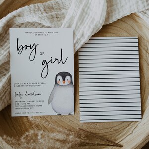 Invitación para revelar el género de un niño o una niña con forma de pingüino - Waddle on Over - Minimalista - Invitación moderna para bebé de invierno - Bebé ártico - Digital - EDITABLE
