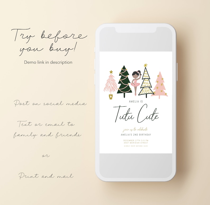 May include: A printable invitation for a child's birthday party. The invitation features a ballerina in a pink tutu standing in front of a row of pink and green Christmas trees. The text on the invitation reads "Amelia is Tutu Cute" and includes details about the party, such as the date, time, and location.