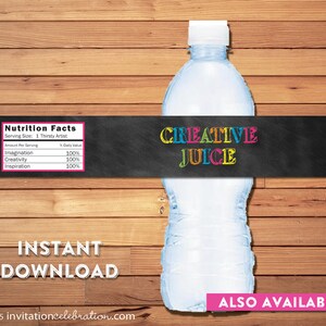 May include: A printable water bottle label with a chalkboard background and colourful text that reads "Creative Juice". The label also includes a nutrition facts table with the headings "Imagination", "Creativity", and "Inspiration", each with a value of 100%.