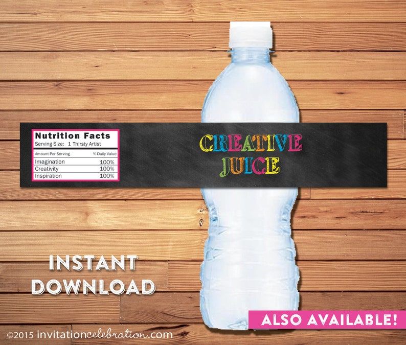 May include: A printable water bottle label with a chalkboard background and colourful text that reads "Creative Juice". The label also includes a nutrition facts table with the headings "Imagination", "Creativity", and "Inspiration", each with a value of 100%.