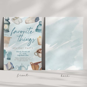 Watercolor Favorite Things Holiday party invitation. Editable Template. Optional backside design - blue watercolor.