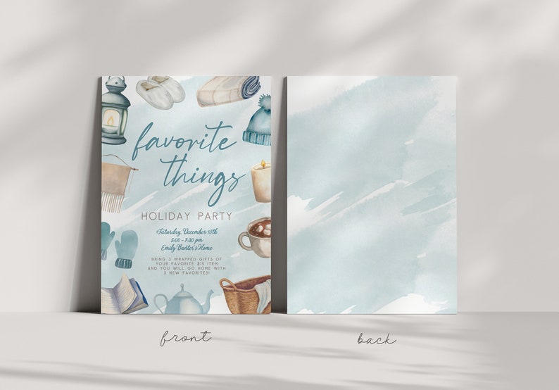 Watercolor Favorite Things Holiday party invitation. Editable Template. Optional backside design - blue watercolor.