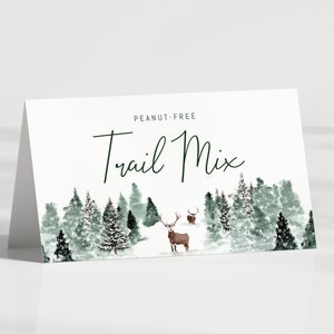 Winter ONEderland Zeltkarten, Junge 1. Geburtstag Lebensmitteletiketten, Wald Schnee Bäume - Tischkarte, Buffetkarten, Gefaltet - EDITIERBARE Vorlage - DIY
