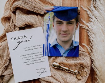 Tarjeta de agradecimiento de graduación con foto / Nota de agradecimiento moderna / Tarjeta de agradecimiento personalizada para graduados / Plantilla editable de Canva / CUALQUIER COLOR