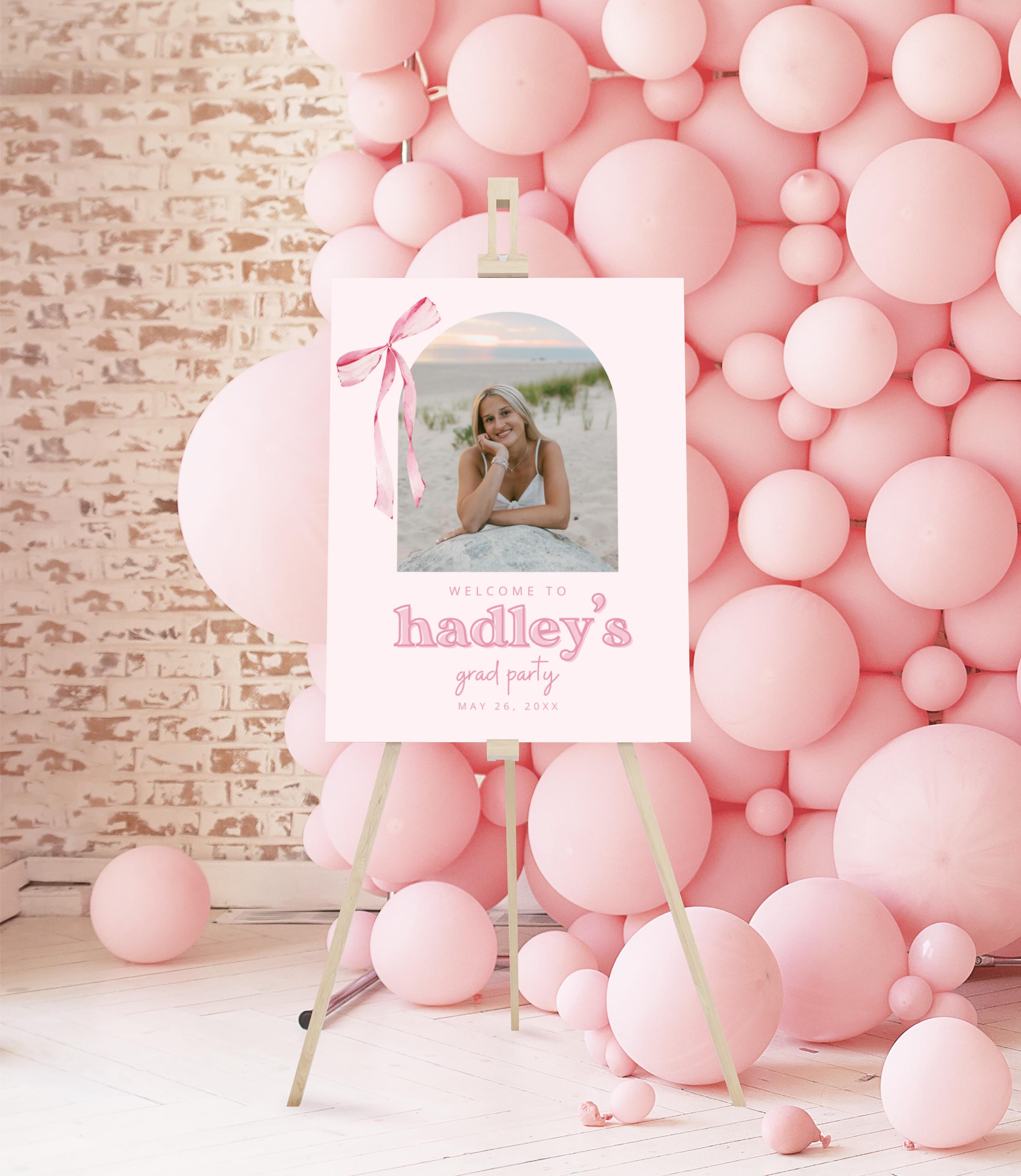 Pink Sign Grad Example Pink Bow Graduation Welcome Sign, Canva Template, Editable Grad Party ...
