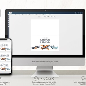 May include: A computer monitor and a smartphone displaying a digital template with watercolor illustrations of three vintage airplanes in orange, blue, and dark gray. The screen shows the text "YOUR TEXT HERE" above the airplane graphics.