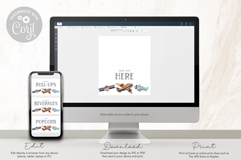May include: A computer monitor and a smartphone displaying a digital template with watercolor illustrations of three vintage airplanes in orange, blue, and dark gray. The screen shows the text "YOUR TEXT HERE" above the airplane graphics.