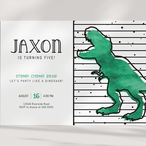 TREX 誕生日招待状 - T-Rex パーティー - 恐竜招待状 - ティラノサウルス - モダン - 水彩画 - 編集可能なテンプレート - DIY 画像 1
