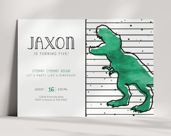Invitación de cumpleaños TREX - Fiesta T-Rex - Invitación de dinosaurio - Tiranosaurio - Moderna - Acuarela - Plantilla EDITABLE - Hazlo tú mismo