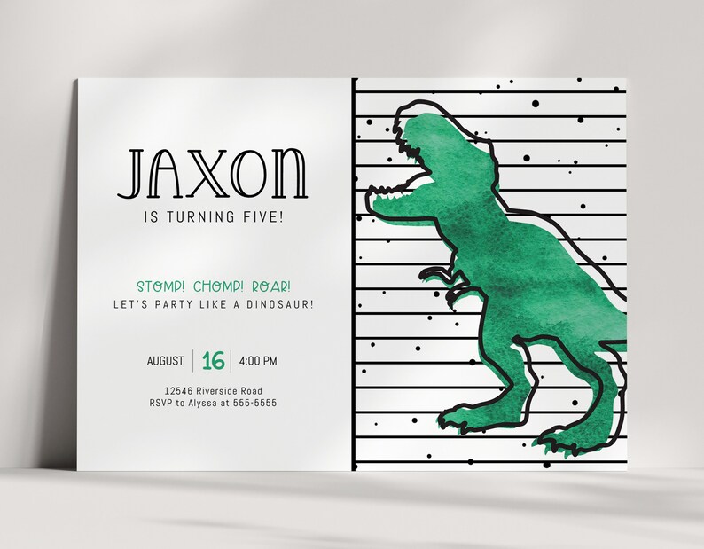 TREX 誕生日招待状 - T-Rex パーティー - 恐竜招待状 - ティラノサウルス - モダン - 水彩画 - 編集可能なテンプレート - DIY 画像 1