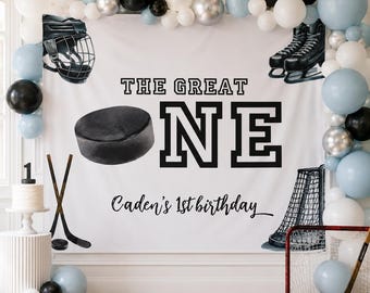 Hockey 1st Birthday Backdrop, Personalized The Great One Sign, Ice Hockey Party Banner