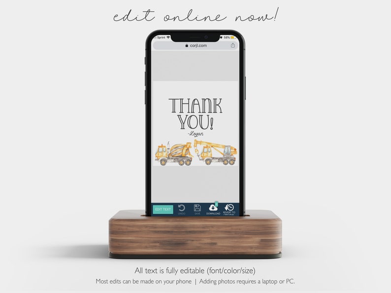 May include: A digital mockup of a smartphone displaying a printable thank you card featuring a yellow construction truck and the text "THANK YOU!" The text is editable and can be personalised with a name. The card is designed for a construction-themed party.