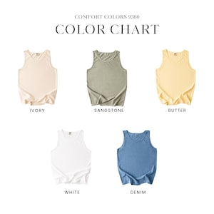 May include: A Comfort Colors 9360 color chart featuring five sleeveless tank tops in ivory, sandstone, butter, white, and denim. Each tank top is displayed with its corresponding color name printed in black text below the garment.