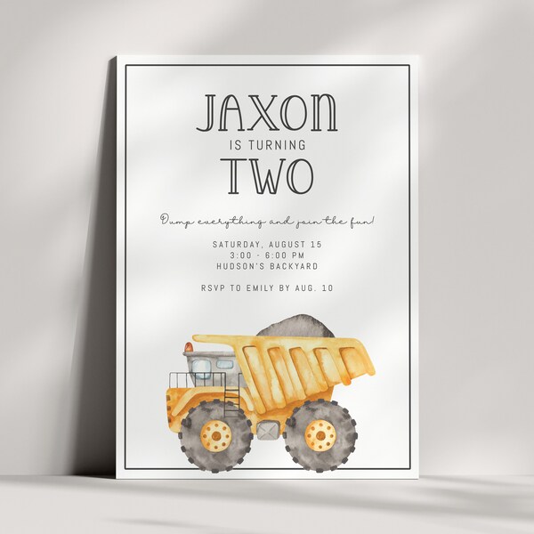Dump Truck Einladen - Baustelle Party Evite - Bau Geburtstagseinladung - Aquarell modern minimalistisch - EDITIERBAR - DIY