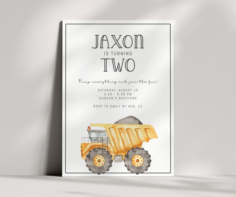modern minimalist dump truck invitation for construction birthday party.  watercolor dump truck graphic.