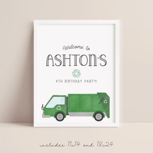 May include: A white framed printable sign with a green garbage truck and the text "Welcome to Ashton's 4th Birthday Party!"