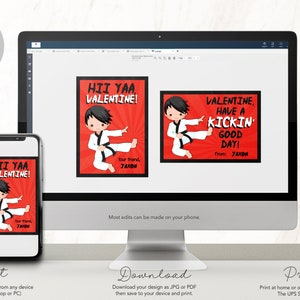 May include: Two printable Valentine's Day cards featuring a cartoon karate kid in a white uniform with a black belt. The cards have a red background with white and black text. The text on the first card reads "HII YAA VALENTINE!" and the text on the second card reads "VALENTINE, HAVE A KICKIN' GOOD DAY!"