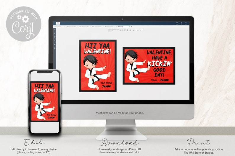 May include: Two printable Valentine's Day cards featuring a cartoon karate kid in a white uniform with a black belt. The cards have a red background with white and black text. The text on the first card reads "HII YAA VALENTINE!" and the text on the second card reads "VALENTINE, HAVE A KICKIN' GOOD DAY!"