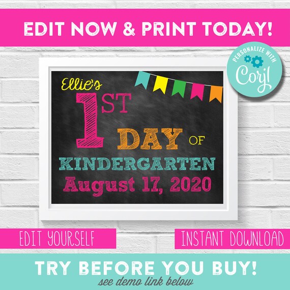 Back to School Sign - Girl First Day School Printable - Poster - First Day of School Sign - Customized - YOU EDIT right on Your Phone Il_570xn