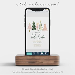 May include: A digital invitation for a child's birthday party. The invitation features a pink and green Christmas tree with a ballerina in a pink tutu. The text on the invitation reads "Amelia is Tutu Cute" and "Amelia's 2nd Birthday".