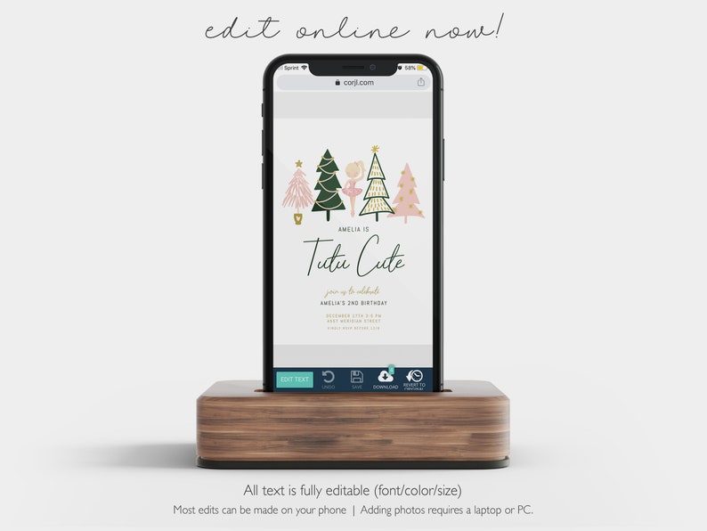 May include: A digital invitation for a child's birthday party. The invitation features a pink and green Christmas tree with a ballerina in a pink tutu. The text on the invitation reads "Amelia is Tutu Cute" and "Amelia's 2nd Birthday".