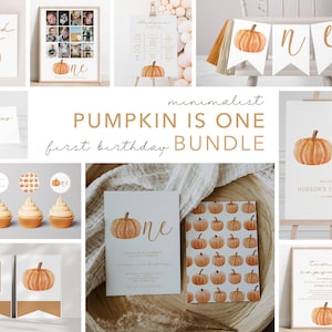 パンプキン・イズ・ワン バンドル - 私たちの小さなパンプキン・イズ・ワン 1歳の誕生日 - 秋の1歳の誕生日招待状 - ニュートラルパンプキンパーティー印刷可能パッケージ