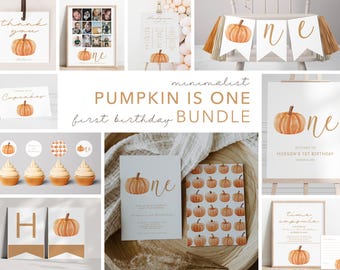 Könnte beinhalten: Ein druckbares erstes Geburtstags-Party-Paket mit einem minimalistischen Kürbis-Thema. Das Paket beinhaltet Einladungen, Dankeskarten, Cupcake-Topper, ein Willkommens-Schild, ein Banner und andere Dekorationen. Das Design zeigt Aquarell-Kürbisse in Orange- und Brauntönen.