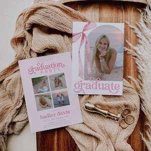 Pink and White Bow Graduation Invitation with Photos, Canva Template, Editable Girly Grad Party Invite, Preppy Coquette Bow Aesthetic