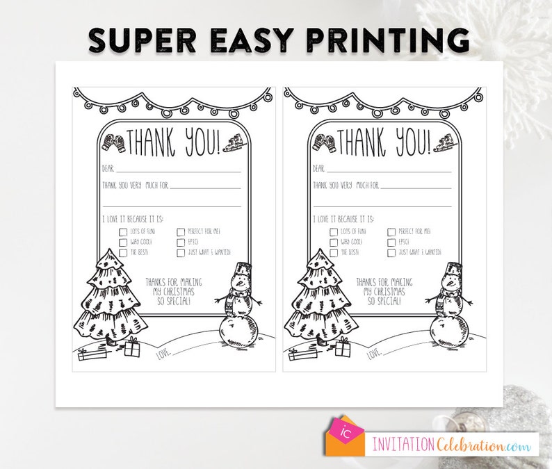 Kids Christmas Thank You Post Card Coloring Page PRINTABLE Fill in the Blank Checkbox INSTANT DOWNLOAD image 2