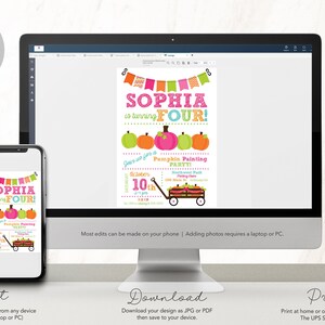 May include: A printable invitation for a pumpkin painting party. The invitation features a pink, green, and orange color scheme with a cute illustration of a wagon full of pumpkins. The text on the invitation reads "Sophia is turning Four!" and includes details about the party, such as the date, time, and location.