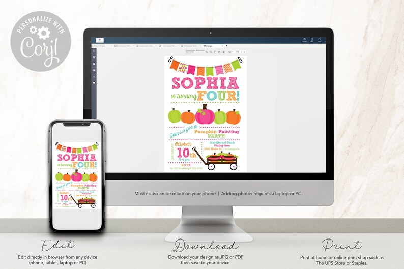 May include: A printable invitation for a pumpkin painting party. The invitation features a pink, green, and orange color scheme with a cute illustration of a wagon full of pumpkins. The text on the invitation reads "Sophia is turning Four!" and includes details about the party, such as the date, time, and location.