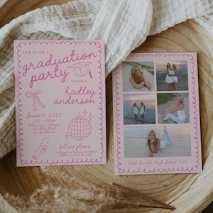 May include: Pink graduation party invitation with a photo collage of a young woman in different settings. The invitation includes the graduate's name, date, time, and location. The text reads "Join us for a graduation party in honor of Hadley Anderson, June 4, 2025, 2:00 - 4:00 pm, Willow Lane Clubhouse, 1234 Little Street, Chicago, Illinois. Future plans: Celebrating with family and friends at East Lincoln High School 2025."