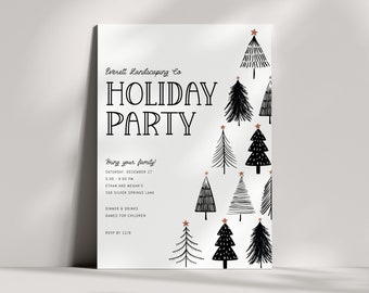 May include: A white invitation with black text and a black and white illustration of Christmas trees with red stars. The text reads "Everett Landscaping Co. HOLIDAY PARTY Bring your family! Saturday, December 17 5:00-9:00 PM Ethan and Megan's 358 Silver Springs Lane Dinner & Drinks Games for Children RSVP by 12/8"