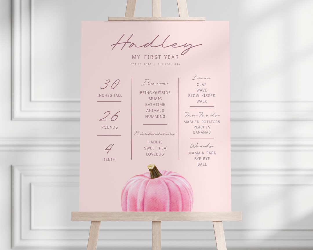 Pinkstats Signage Pink Pumpkin Stats Board - First Birthday Milestone Poster, Pumpkin is ...