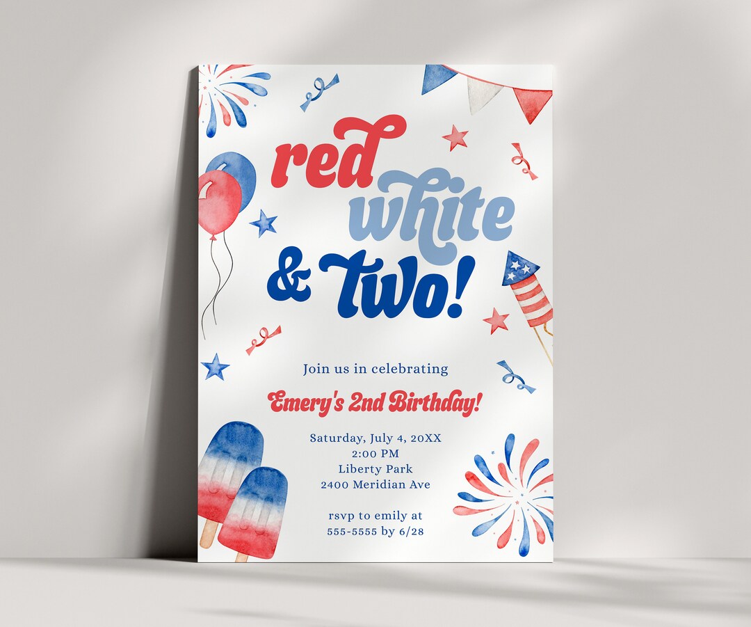 Red White and Two Invitation, Second Birthday Party Invitation - 4th of ...