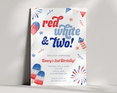 Red White and Two Invitation, Second Birthday Party Invitation - 4th of July Birthday, 2nd Birthday Party Evite, Editable Template Printable