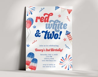 May include: Red, white, and blue birthday party invitation with watercolor illustrations of fireworks, balloons, and popsicles. The text reads "red white & Two!" and includes details for Emery's 2nd birthday party.