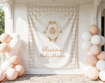 Little Pumpkin Baby Shower Backdrop | Fall Baby Shower Arch Photo Booth Decoration | Gingham Banner | Personalized Pumpkin Shower Sign