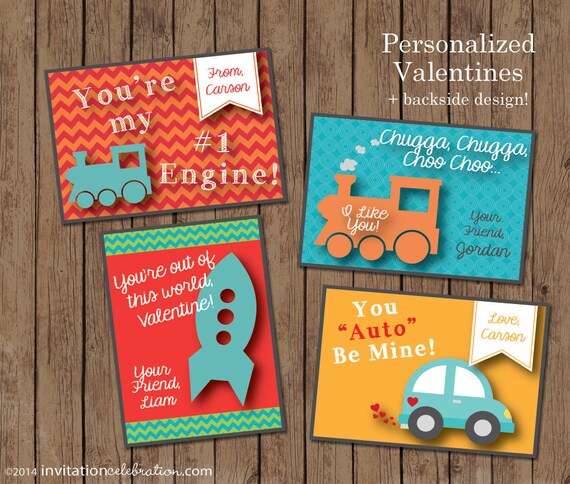Boys Valentine Cards - PRINTABLE - Valentine Cards for Preschool Boy - Train - Rocket - Cars - Modern - Personalized Il_570xn