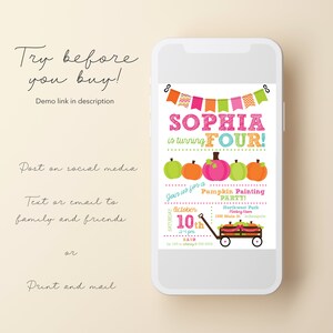 May include: A digital invitation for a pumpkin painting party for Sophia's 4th birthday. The invitation features a colorful banner, pumpkins, and a wagon with pumpkins. The party is on October 10th at 2:00 pm at Northwest Park in Indianapolis.