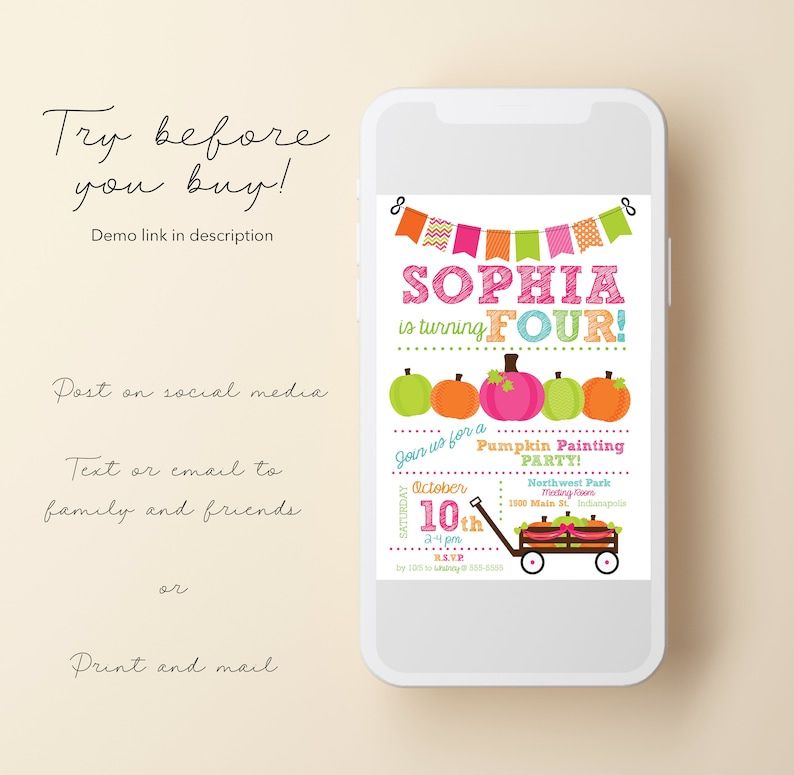 May include: A digital invitation for a pumpkin painting party for Sophia's 4th birthday. The invitation features a colorful banner, pumpkins, and a wagon with pumpkins. The party is on October 10th at 2:00 pm at Northwest Park in Indianapolis.