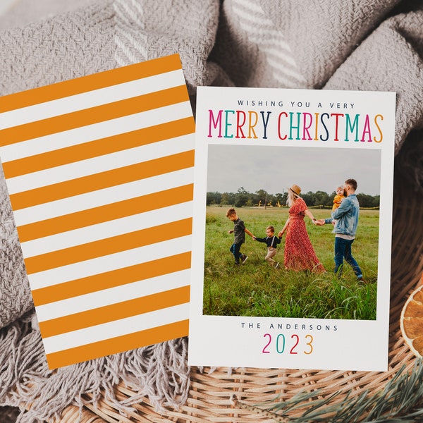 Christmas Photo Card - Holiday Photo Card Template, Colorful Merry Christmas, Yellow, Pink, Teal, DIY, Editable Template - Instant Download
