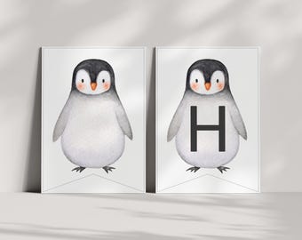 Penguin Birthday Banner - Editable Bunting, Winter Birthday or Baby Shower Decorations Printable - Template