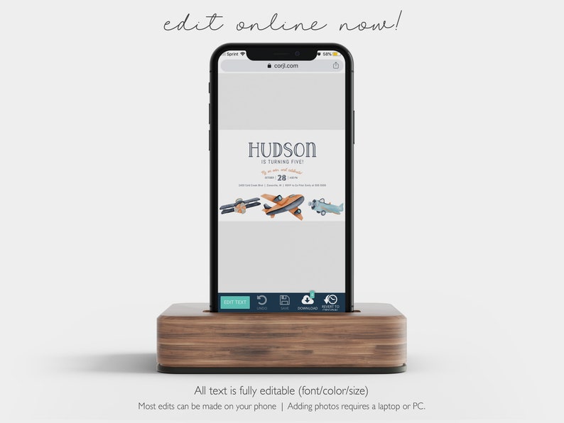 May include: A smartphone mockup showing a customisable invitation template for a child's birthday party. The template features a blue and orange aeroplane design with the text "HUDSON IS TURNING FIVE" and a date. The text "All text is fully editable (font/color/size)" is displayed below the phone.