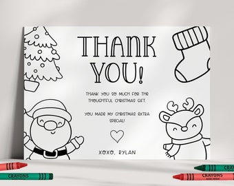 May include: A black and white colouring page with a Christmas theme. The page features a Father Christmas, a reindeer, a Christmas tree, and a stocking. The text on the page reads "Thank You! Thank you so much for the thoughtful Christmas gift. You made my Christmas extra special! XOXO, Rylan"