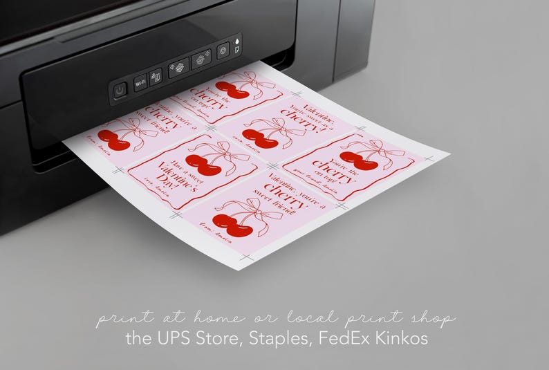 May include: Printable Valentine's Day gift tags featuring a pink background with red cherries and the text "You're the cherry on top!" and "Have a sweet Valentine's Day!"
